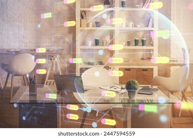 Multi exposure of data theme drawing and office interior background. Concept of technology.