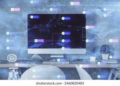 Multi exposure of data theme drawing and office interior background. Concept of technology.