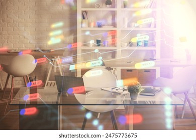 Multi exposure of data theme drawing and office interior background. Concept of technology.