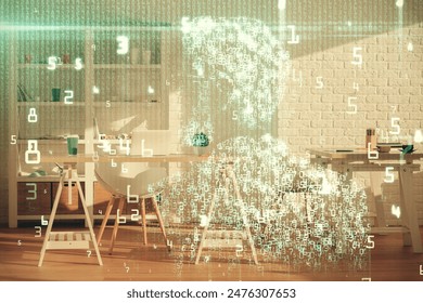 Multi exposure of data theme drawing and office interior background. Concept of technology.