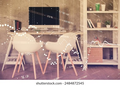 Multi exposure of data theme drawing and office interior background. Concept of technology.