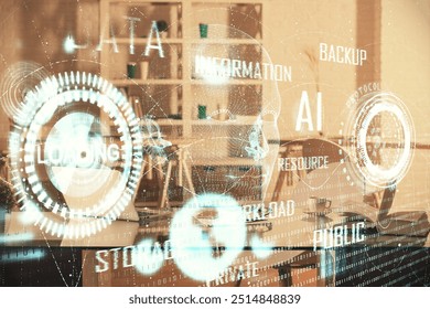 Multi exposure of data theme drawing and office interior background. Concept of technology.
