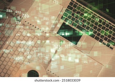 Multi exposure of data theme drawing hologram over topview work desk background with computer. Concept of technology.