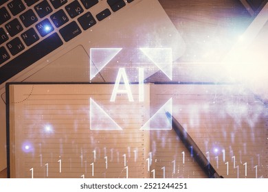 Multi exposure of data theme drawing hologram over topview work desk background with computer. Concept of technology.
