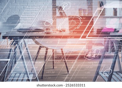 Multi exposure of data theme drawing and office interior background. Concept of technology.