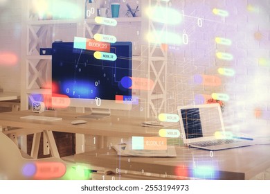 Multi exposure of data theme drawing and office interior background. Concept of technology.