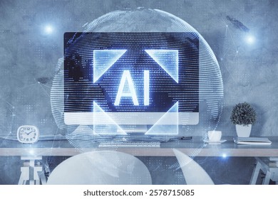 Multi exposure of data theme drawing and office interior background. Concept of technology.
