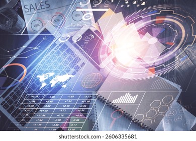 Multi exposure of data theme drawing hologram over topview work desk background with computer. Concept of technology.