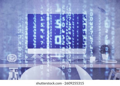 Multi exposure of data theme drawing and office interior background. Concept of technology.