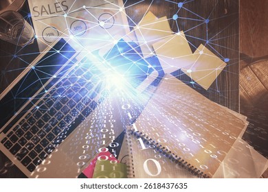 Multi exposure of data theme drawing hologram over topview work desk background with computer. Concept of technology.
