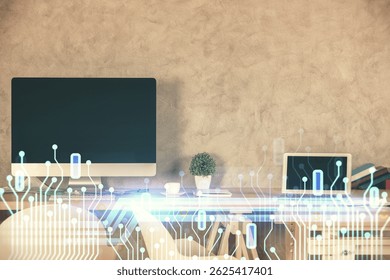 Multi exposure of data theme drawing and office interior background. Concept of technology.