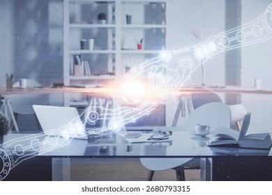 Multi exposure of data theme drawing and office interior background. Concept of technology.