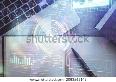 Multi exposure of data theme drawing hologram over topview work desk background with computer. Concept of technology.