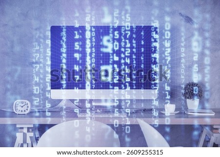 Multi exposure of data theme drawing and office interior background. Concept of technology.