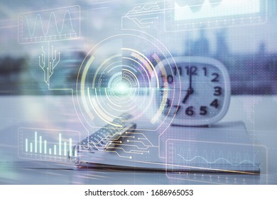 Multi exposure of data theme drawings and desk with open notebook background. Concept of education