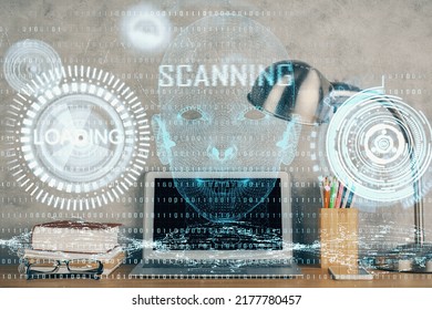 Multi exposure of desktop with computer on background and tech theme drawing. Concept of big data.