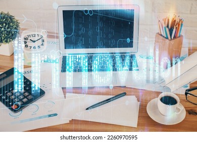 Multi exposure of desktop with computer on background and tech theme drawing. Concept of big data.