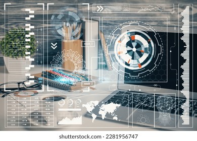 Multi exposure of desktop with computer on background and tech theme drawing. Concept of big data.