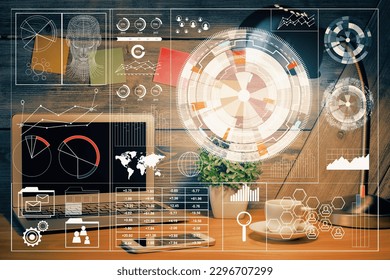 Multi exposure of desktop with computer on background and tech theme drawing. Concept of big data.