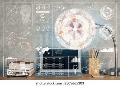 Multi exposure of desktop with computer on background and tech theme drawing. Concept of big data.