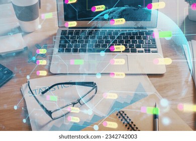 Multi exposure of desktop with computer on background and tech theme drawing. Concept of big data.