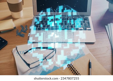 Multi exposure of desktop with computer on background and tech theme drawing. Concept of big data.