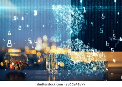 Multi exposure of desktop with computer on background and tech theme drawing. Concept of big data.