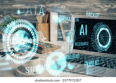 Multi exposure of desktop with computer on background and tech theme drawing. Concept of big data.