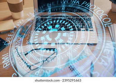 Multi exposure of desktop with computer on background and tech theme drawing. Concept of big data. - Shutterstock ID 2395291663