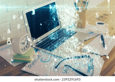 Multi exposure of desktop with computer on background and tech theme drawing. Concept of big data. - Shutterstock ID 2395291693