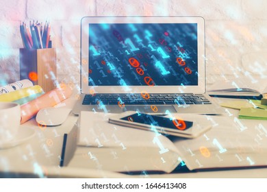 Multi exposure of desktop computer and technology theme hologram. Concept of software development.