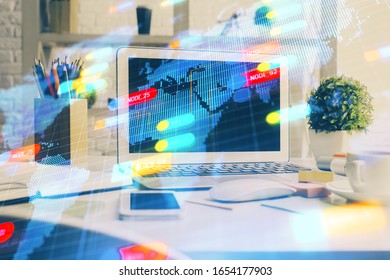 Multi exposure of desktop computer and technology theme hologram. Concept of software development.