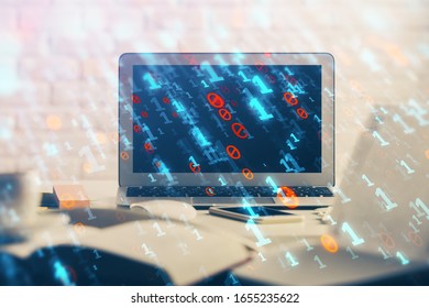 Multi exposure of desktop computer and technology theme hologram. Concept of software development.