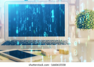 Multi exposure of desktop computer and technology theme hologram. Concept of software development.