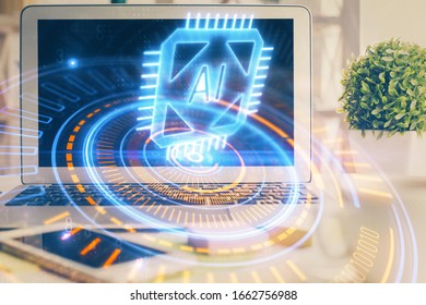 Multi exposure of desktop computer and technology theme hologram. Concept of software development.