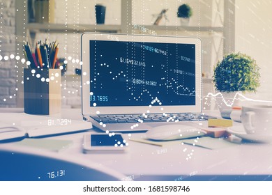 Multi exposure of desktop computer and technology theme hologram. Concept of software development.