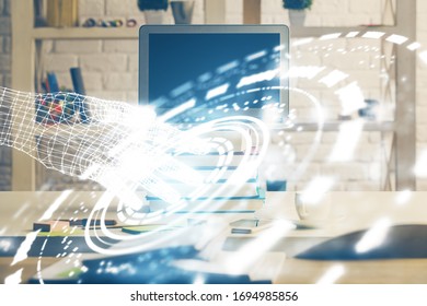 Multi exposure of desktop computer and technology theme hologram. Concept of software development.