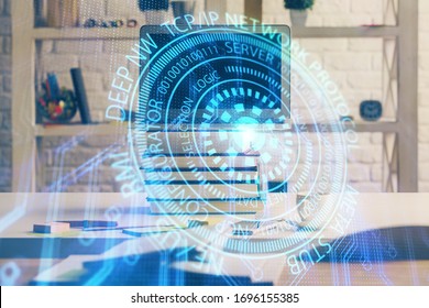 Multi exposure of desktop computer and technology theme hologram. Concept of software development.