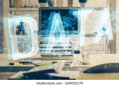 Multi exposure of desktop computer and technology theme hologram. Concept of software development.