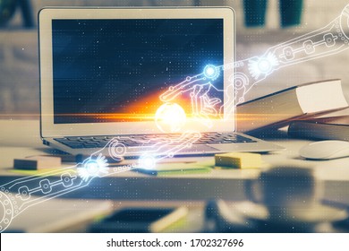 Multi exposure of desktop computer and technology theme hologram. Concept of software development.