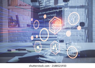 Multi exposure of desktop computer and technology theme hologram. Concept of software development.