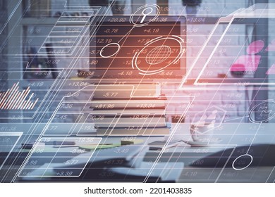 Multi exposure of desktop computer and technology theme hologram. Concept of software development.