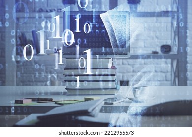 Multi exposure of desktop computer and technology theme hologram. Concept of software development.