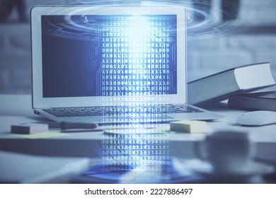 Multi exposure of desktop computer and technology theme hologram. Concept of software development.