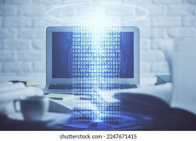 Multi exposure of desktop computer and technology theme hologram. Concept of software development.