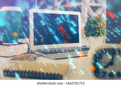 Multi exposure of desktop with personal computer and tech theme drawing. Concept of Bigdata.