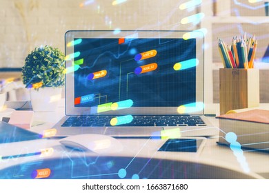 Multi exposure of desktop with personal computer and tech theme drawing. Concept of Bigdata.