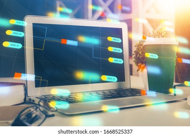 Multi exposure of desktop with personal computer and tech theme drawing. Concept of Bigdata.