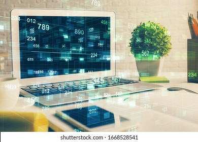 Multi exposure of desktop with personal computer and tech theme drawing. Concept of Bigdata.