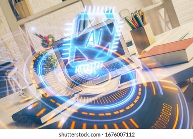 Multi exposure of desktop with personal computer and tech theme drawing. Concept of Bigdata.